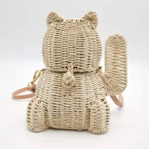 Toptan servet kedi dokuma rattan hasır bez plaj çantası yaz kadın handwoven sepeti omuz şekilli çanta
