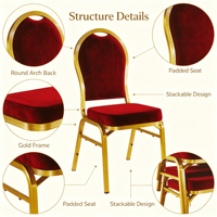 Chaises de banquet d'hôtel en acier durable, empilables, avec revêtement rouge, pour mariage, cérémonie, salle de conférence, utilisation VIP