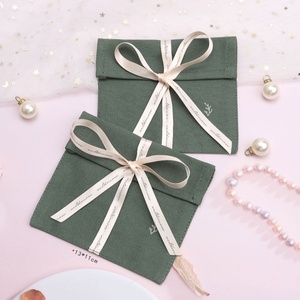 Custom Logo Printing Canvas Flap <b>Gift</b> Comb Jewelry Bag With Ribbon Green Soild Cotton <b>Envelope</b> Packaging Dust Pouch - Product Image 5