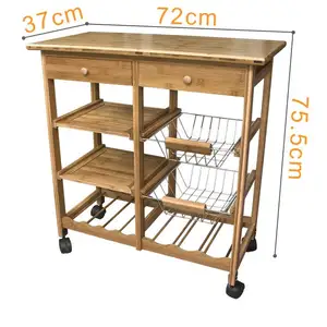 BSCI Bamboo Rolling Storage Cart Kitchen Trolley With Wine Rack