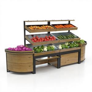 Exhibidor de Frutas y Verduras de Madera Curvada de 3 Niveles Highbright, con Gabinete de Almacenamiento para Supermercado, Gran Venta - Product Image 1