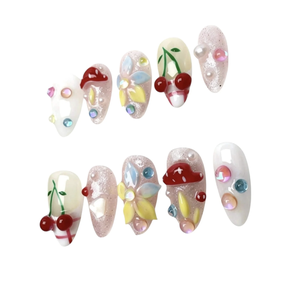 Ongles Press-on Faits Main 10 Pièces Personnalisables Courts Amande Mignons 3D Champignon Cerise Fleur Gelée Kawaii - Product Image 3