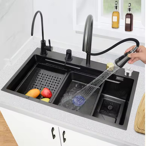 Évier <span class=keywords><strong>de</strong></span> <span class=keywords><strong>cuisine</strong></span> multifonction moderne en acier inoxydable SUS304 avec robinet cascade, poste <span class=keywords><strong>de</strong></span> travail à cuve unique pour hôtel - Product Image 4