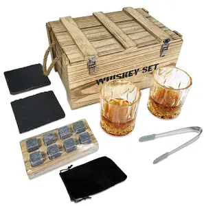 Barware gift set food grade 8pcs ice cube stone 2pcs liquor glass whiskey glass set in vintage wooden box