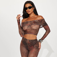Ensemble d'été 2 pièces Sexy Leopard Print Mesh Off Shoulder Crop Top Cropped Pants Women Matching Sets