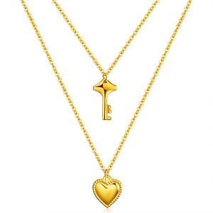 Collier chaîne de clavicule en acier inoxydable avec pendentif double cœur et clé, style européen et américain, couleur or et argent, cadeau quotidien - Product Image 1
