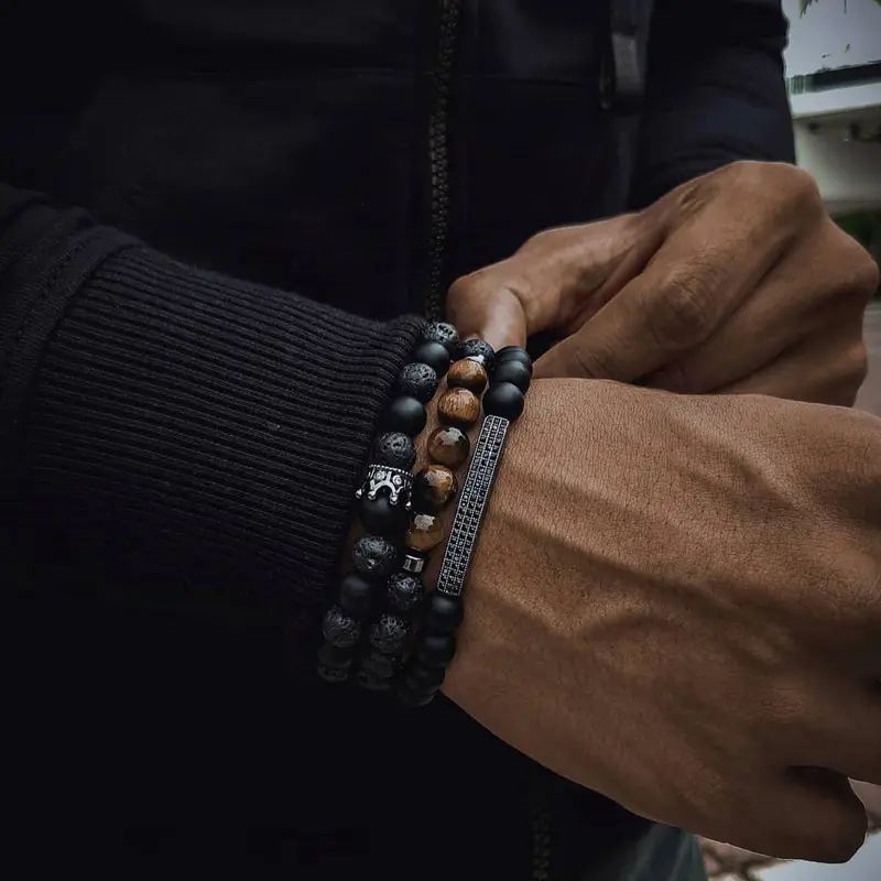 Yeni varış Punk siyah boncuk bilezik Homme Bijou moda bracelete masculino erkekler takı