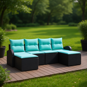 Conjunto de Sofá de Jardín de Ratán Sintético Negro y Turquesa con Cojines, 6 Plazas, Muebles de Exterior de Diseño Contemporáneo - Product Image 2