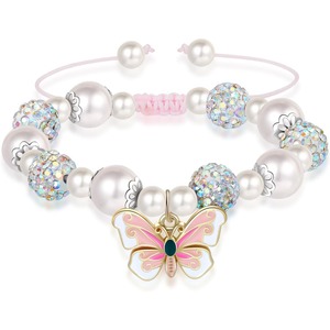Pink Bead <strong>Bracelet</strong>, Pearl Butterfly &amp; Love Heart Design, Adjustable Handmade Woven Rope Jewelry - Product Image 4