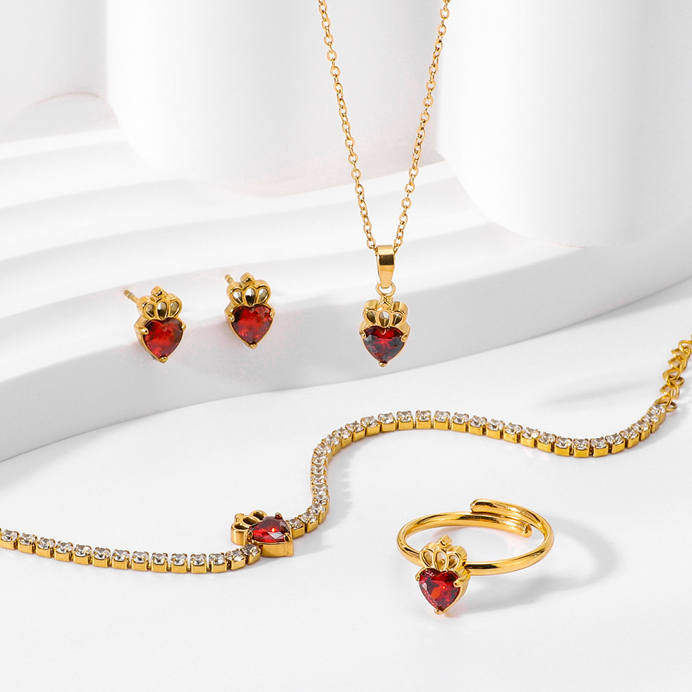 jewelry set 18k gold red ruby heart