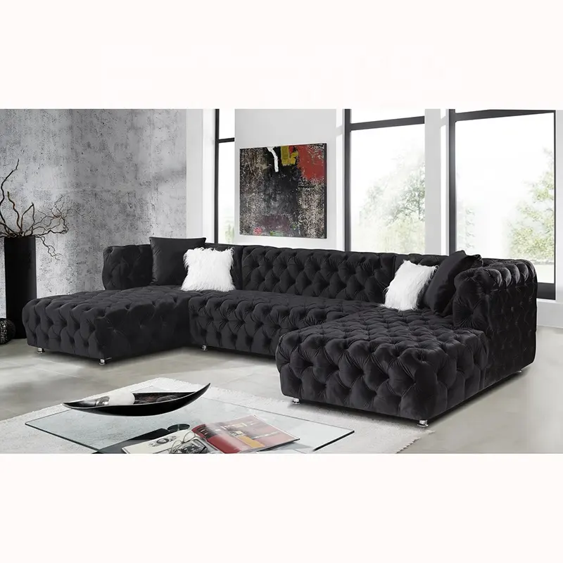 Nouvelle mode de meubles de canapé de luxe nordique italien européen canapé sectionnel en velours brillant noir classique pour la maison