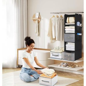 5-Layer Hanging Closet Organizer With 2 Drawers Foldable Storage For Bedroom Clothes Neatening 11.8x11.8x39.4 Inches - Product Image 2
