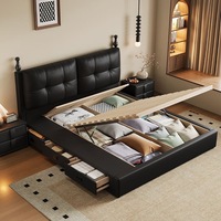 Modernes Vintage Öko-Freundliches Gepolstertes Plattformbett mit Stauraum, Hohen Pfosten, Gestepptem PU-Leder-Kopfteil, Massivholz-Basis aus Kiefer und Sperrholz