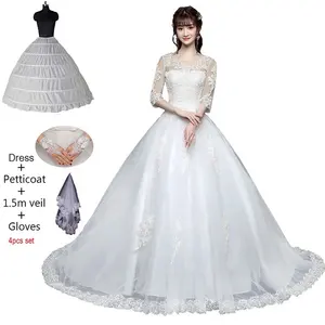 Robe De Mariage מדהים חתונת שמלות כדור שמלת O-צוואר תחרה עם מעיל אפליקציות Mariage הכלה שמלות Casamento