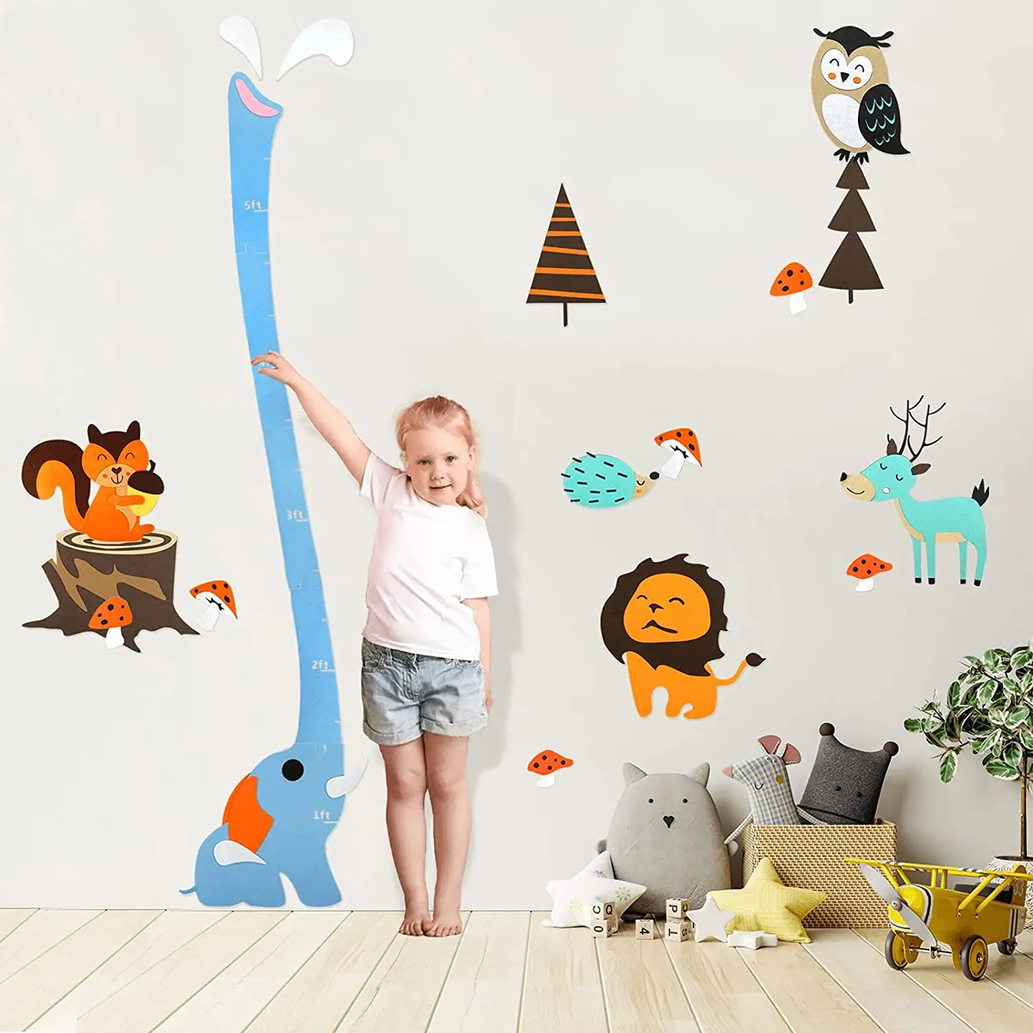 Kids Jungle Animal Wall Decals for Girls Boys Bedroom Felt Safari Animal Wall Stickers with Growth Chart Ruler for Nursery Decor