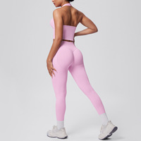 Ensemble de sport sans couture extensible dans quatre directions, avec haut court dos nu rembourré antichoc et leggings froncés effet push-up fessier, pour le yoga et l'entraînement