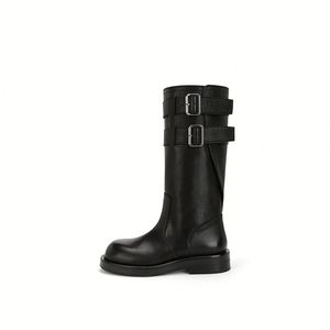 Botas de Media Pantorrilla para Mujer, Estilo Motociclista Vintage, Color Negro Sólido, Tacón Grueso, Doble Hebilla - Product Image 6