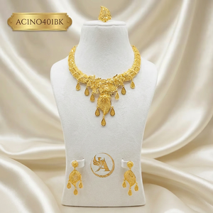 Long Flower African Bridal Gold Plated Floral <b>Statement</b> <b>Necklace</b> Earrings Ring Set for Women Nigerian Wedding - Product Image 1