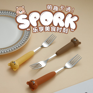Cuchara-tenedor de dibujos animados con mango de silicona para niños, utensilios duraderos de acero inoxidable de grado alimenticio, juego de vajilla para bebés - Product Image 1