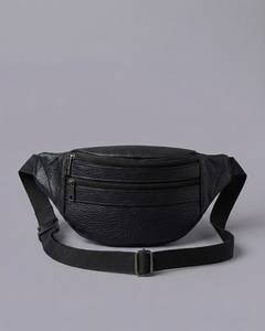 Sac banane unisexe noir en cuir véritable léger à motif géométrique avec fermeture éclair, très résistant, taille unique pour usage quotidien - Product Image 1