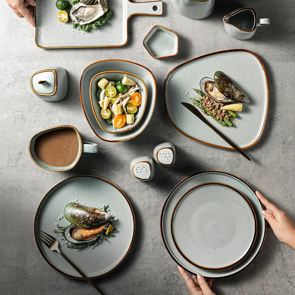Vajilla de cerámica de Vajilla China, juego de Vajilla de porcelana nórdica con temática personalizada, Vajilla de moteado para restaurante usado