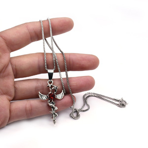 <b>Cross</b> Pendant Necklace With Red Stone Angel Wings Unisex Fashion Jewelry - Product Image 3