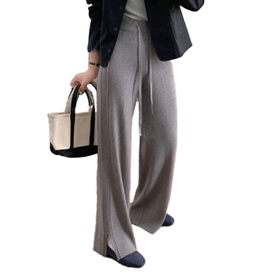 Pantalones de pierna ancha rectos de cintura alta con diseño acanalado y abertura, elásticos, antipilling, con lazo, para otoño/invierno. - Product Image 1