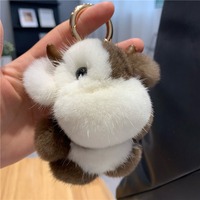 Porte-clés et breloque de sac en fourrure de vison véritable 9 cm, motif vache mignonne, jouet en peluche pour enfants, ornement, cadeau d'anniversaire