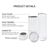 Gobelet Droit de Sublimation 20oz avec Haut-Parleur Bluetooth, Tasse à Musique sans Fil Isolée Sous Vide en Acier Inoxydable