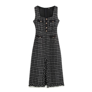 QSY 2025 Sq Are Collar <span class=keywords><strong>B</strong></span> Ttons <span class=keywords><strong>P</strong></span> Patrón a cuadros Color negro Sin mangas Cas Al Fashion Ladies Tweed Maxi Dress - Product Image 1