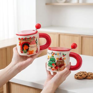 Taza de Café de Cerámica de 320 ml con Diseño Navideño de Dibujos Animados, con Tapa y Cuchara, Apta para Alimentos, Personalizada - Product Image 1