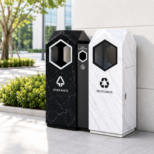 Outdoor Dual Compartment Metal Waste Bin Marble Pattern Recycling Trash Can for Park Plaza Community and Public Areas