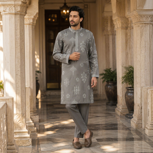 Mens Ethnic Grey Printed Cotton Kurta Pajama <b>Set</b> Embroidered Neck Indian Traditional Festival Outfit Wholesale Supplier B2B - Product Image 1