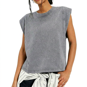 T-shirts pour femmes en coton 100% respirant, à col rond, à manches courtes, coupe ample, tricotés, couleur unie, décontractés, printemps-été, gris - Product Image 1