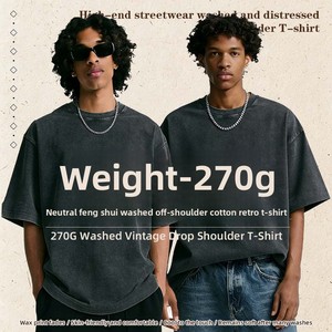 Camiseta de Manga Corta de Algodón Puro de 270g, Estilo Retro Vintage, Lavada y Desgastada, de Corte Holgado, Transpirable y de Secado Rápido - Product Image 2