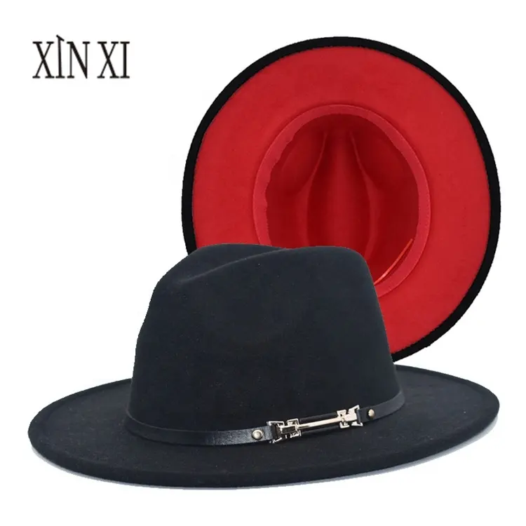 Оптовая продажа, зимняя винтажная двухцветная фетровая шляпа джаз с красным дном, фетровая шляпа с широкими полями для мужчин и женщин