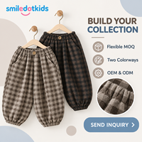 Smiledotkids Pantalons de jogging personnalisés pour enfants, à carreaux marron, taille boutonnée, doux et chauds, OEM ODM, pour tout-petits garçons et filles, vente en gros
