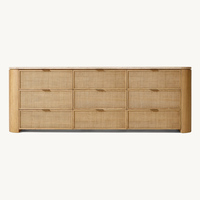 Commode Moderne en Bois et Rotin à 9 Tiroirs, Coffre de Rangement Rustique pour Chambre et Salon