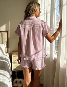 <span class=keywords><strong>Pantaloncini</strong></span> da Notte da <span class=keywords><strong>Donna</strong></span> in <span class=keywords><strong>Cotone</strong></span> a Maniche Corte con Volant e Bottoni, Lussuosi, Stampati, Traspiranti e Morbidi - Product Image 3