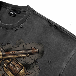Camisetas Vintage para Hombre con Lavado Ácido y Efecto Desgastado, Transpirables, Estampado Retro de Doble Revólver Estilo Western, de Manga Corta Oversize para Venta al por Mayor - Product Image 5