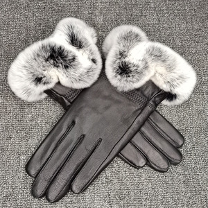 Gants d'hiver en cuir pour femmes avec fourrure de lapin Rex et peau de mouton en velours, gants thermiques, style uni décontracté - Product Image 2