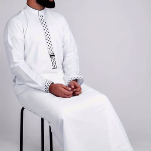 Thobe Bianco da Uomo, Caftano di Dubai Ricamato, Abito Musulmano a Maniche Lunghe, Vestito Islamico, Camicia Araba Saudita - Product Image 3