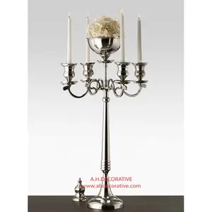 4 lengan nikel berlapis Candelabra dengan mangkuk bunga pintu masuk pernikahan & kantor dekoratif tinggi buatan tangan Candelabra