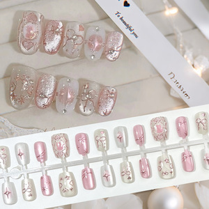 30 قطعة من الأظافر الصناعية القصيرة الملونة بتصميم نجمة وفيونكة وقلب، مجموعة أظافر اصطناعية سهلة التركيب - Product Image 2