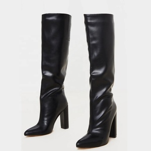 Solid Snake Pattern Women's Knee-high Pointed Toe Slip-on Boots Chunky Heel PU Upper High <b>Booties</b> Breathable Large Size 43 Boots - Product Image 4