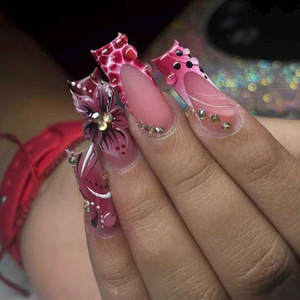 <span class=keywords><strong>Faux</strong></span> <span class=keywords><strong>ongles</strong></span> à presser imprimé léopard rose, avec fleurs 3D et strass, longs, forme cercueil, couleur nude, réutilisables, chics et tendance pour femmes - Product Image 2