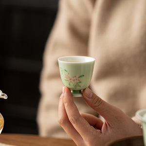 Hand Painted Apricot Blossom Ceramic <b>Teacup</b> Secret Green Stem Tasting Cup For Kung Fu Tea Set Household Master Cup - Product Image 3