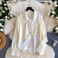Chemise à manches longues pour femme en dentelle patchwork avec ceinture à nouer et boutons sur le devant, style décontracté pour le printemps