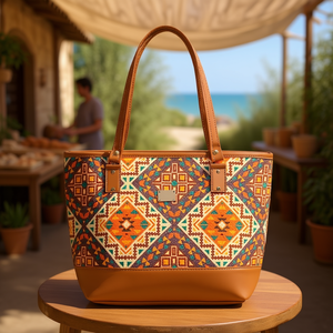 Sac fourre-tout en toile pour femme Fana Ethan, motif géométrique, fermeture éclair, sac de shopping, poignées marron clair - Product Image 2