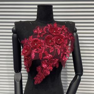 Applicazione di pizzo ricamato con perline, fiore multicolore con perline abbinate, rifiniture in pizzo - Product Image 2